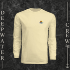 Light Yellow Deepwater Crew Co. Called to Fish UPF 44+ long-sleeve performance shirt, front view with small sunset-and-wave crest with DC logo.