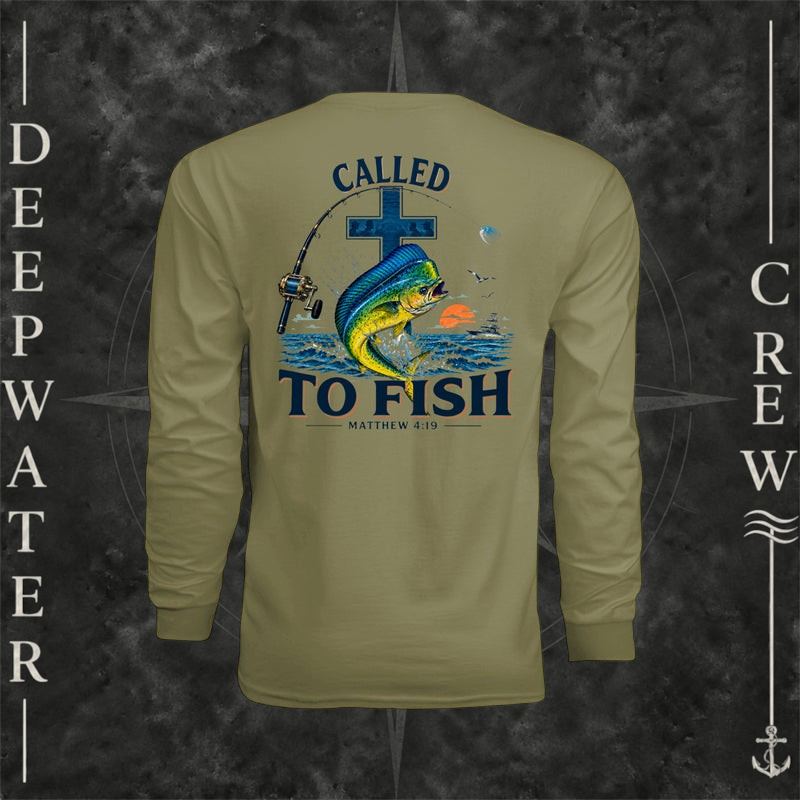 Olive Deepwater Crew Co. Called to Fish UPF 44+ long-sleeve performance shirt, back view with cross, mahi-mahi, waves, offshore fishing elements, Matthew 4:19, and Called to Fish lettering.