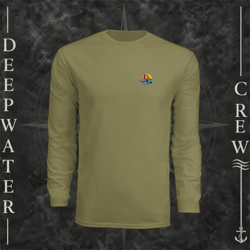 Olive Deepwater Crew Co. Called to Fish UPF 44+ long-sleeve performance shirt, front view with small sunset-and-wave crest with DC logo.