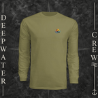 Olive Deepwater Crew Co. Called to Fish UPF 44+ long-sleeve performance shirt, front view with small sunset-and-wave crest with DC logo.