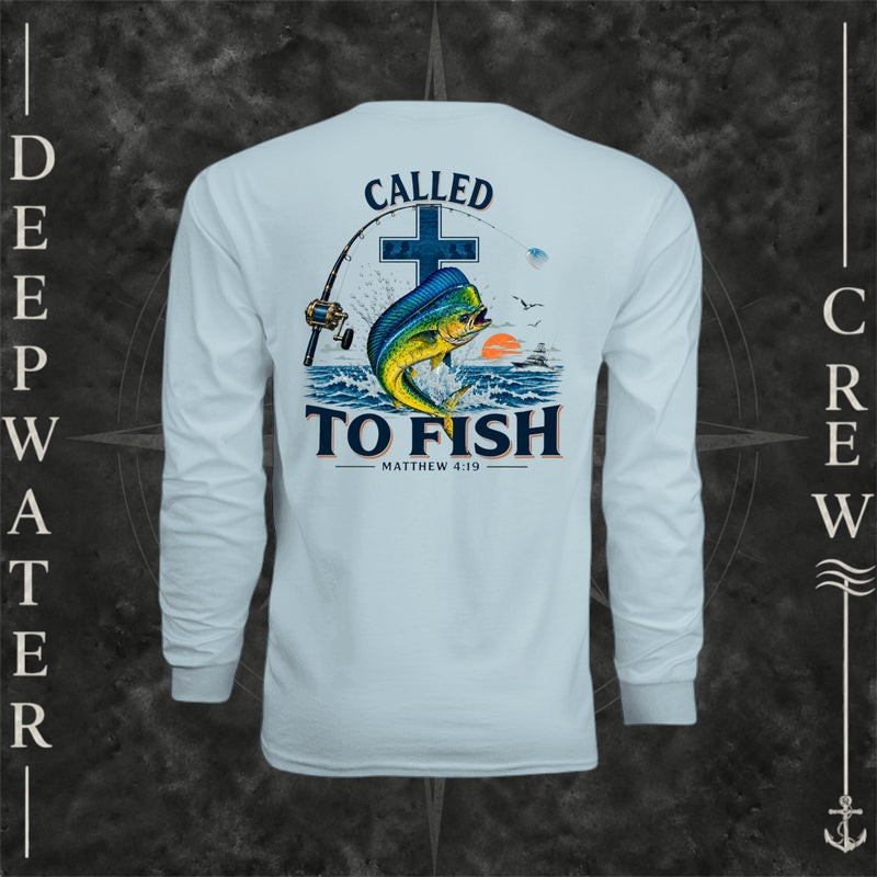 Pastel Blue Deepwater Crew Co. Called to Fish UPF 44+ long-sleeve performance shirt, back view with cross, mahi-mahi, waves, offshore fishing elements, Matthew 4:19, and Called to Fish lettering.