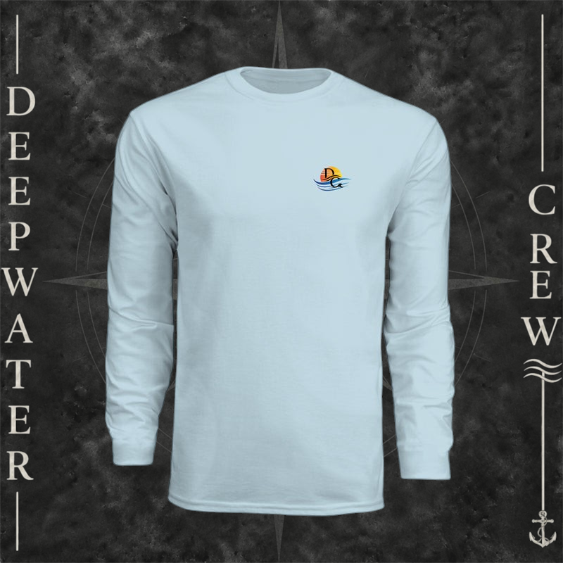 Pastel Blue Deepwater Crew Co. Called to Fish UPF 44+ long-sleeve performance shirt, front view with small sunset-and-wave crest with DC logo.