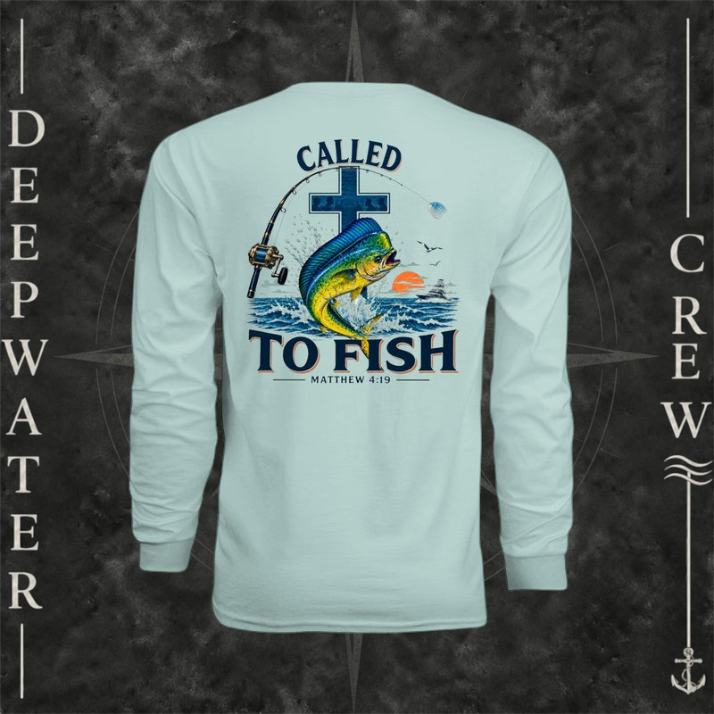 Pastel Mint Deepwater Crew Co. Called to Fish UPF 44+ long-sleeve performance shirt, back view with cross, mahi-mahi, waves, offshore fishing elements, Matthew 4:19, and Called to Fish lettering.