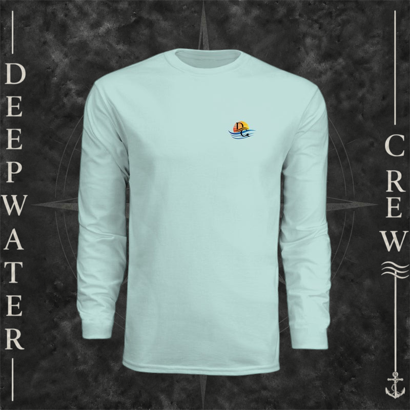 Pastel Mint Deepwater Crew Co. Called to Fish UPF 44+ long-sleeve performance shirt, front view with small sunset-and-wave crest with DC logo.