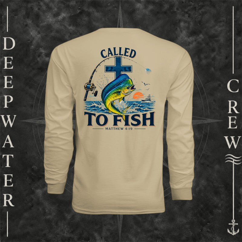 Sand Deepwater Crew Co. Called to Fish UPF 44+ long-sleeve performance shirt, back view with cross, mahi-mahi, waves, offshore fishing elements, Matthew 4:19, and Called to Fish lettering.