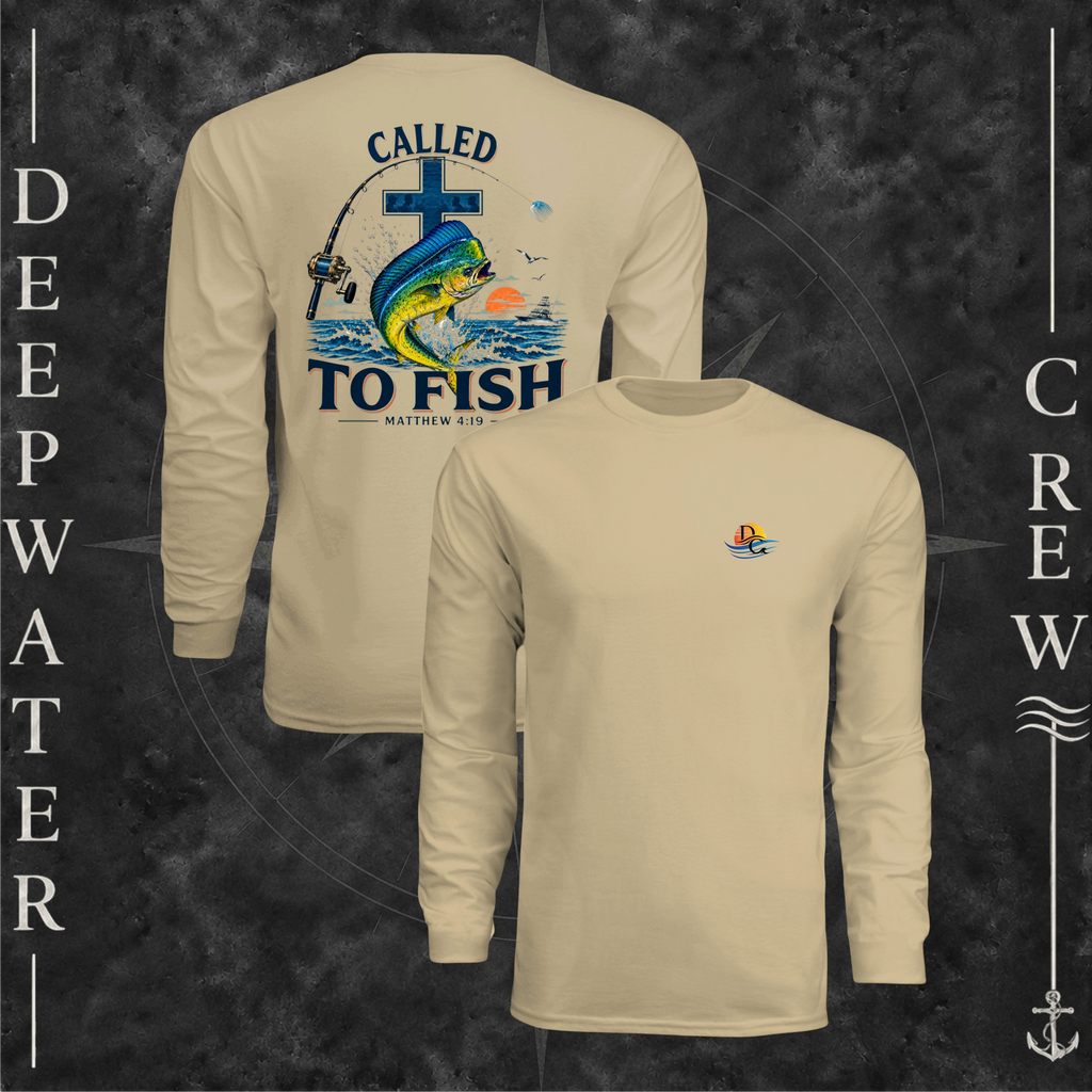 Sand Deepwater Crew Co. Called to Fish UPF 44+ long-sleeve performance shirt showing front and back views with small sunset-and-wave crest with DC logo and Matthew 4:19 mahi-and-cross back graphic.
