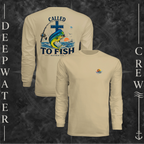 Sand Deepwater Crew Co. Called to Fish UPF 44+ long-sleeve performance shirt showing front and back views with small sunset-and-wave crest with DC logo and Matthew 4:19 mahi-and-cross back graphic.