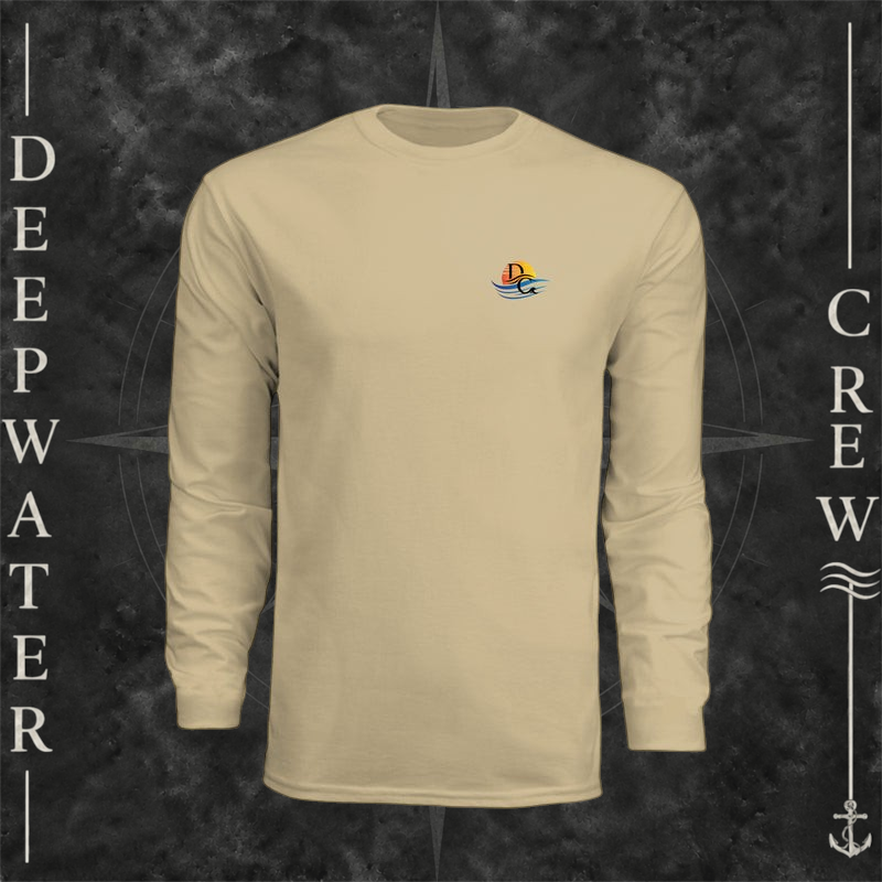 Sand Deepwater Crew Co. Called to Fish UPF 44+ long-sleeve performance shirt, front view with small sunset-and-wave crest with DC logo.