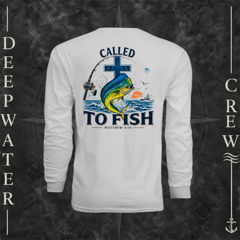 Silver Deepwater Crew Co. Called to Fish UPF 44+ long-sleeve performance shirt, back view with cross, mahi-mahi, waves, offshore fishing elements, Matthew 4:19, and Called to Fish lettering.