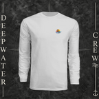 Silver Deepwater Crew Co. Called to Fish UPF 44+ long-sleeve performance shirt, front view with small sunset-and-wave crest with DC logo.