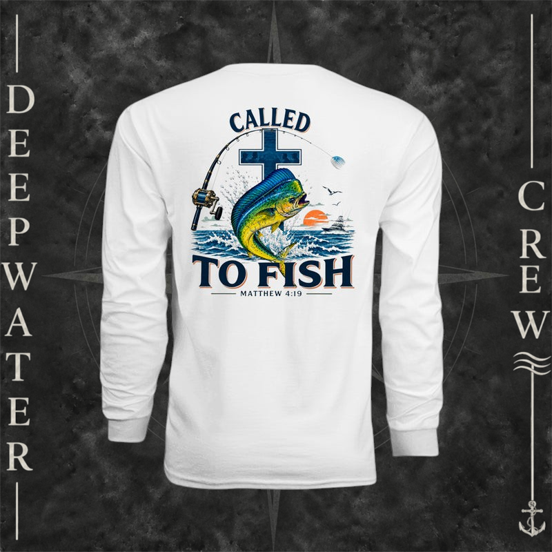 White Deepwater Crew Co. Called to Fish UPF 44+ long-sleeve performance shirt, back view with cross, mahi-mahi, waves, offshore fishing elements, Matthew 4:19, and Called to Fish lettering.