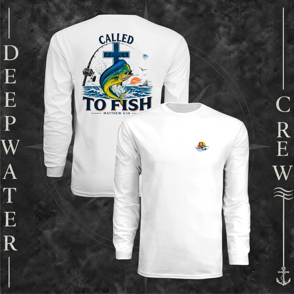 White Deepwater Crew Co. Called to Fish UPF 44+ long-sleeve performance shirt showing front and back views with small sunset-and-wave crest with DC logo and Matthew 4:19 mahi-and-cross back graphic.