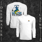 White Deepwater Crew Co. Called to Fish UPF 44+ long-sleeve performance shirt showing front and back views with small sunset-and-wave crest with DC logo and Matthew 4:19 mahi-and-cross back graphic.