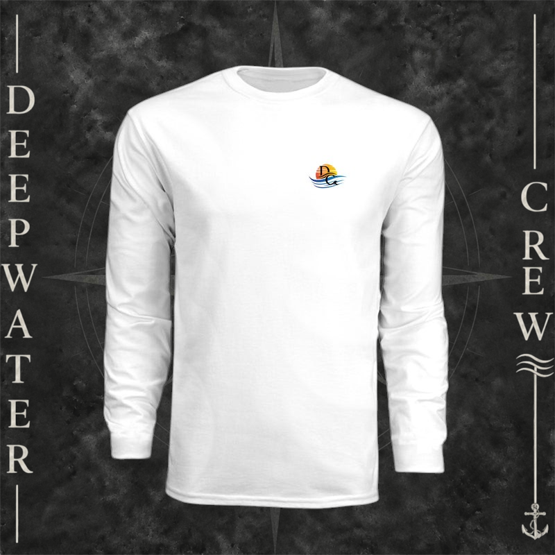White Deepwater Crew Co. Called to Fish UPF 44+ long-sleeve performance shirt, front view with small sunset-and-wave crest with DC logo.