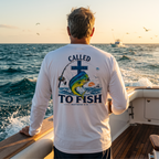 Model wearing a White Deepwater Crew Co. Called to Fish UPF 44+ long-sleeve performance shirt in a lifestyle setting.