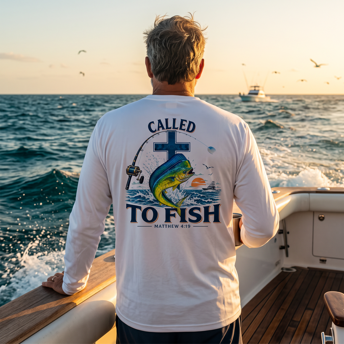 Model wearing a White Deepwater Crew Co. Called to Fish UPF 44+ long-sleeve performance shirt in a lifestyle setting.