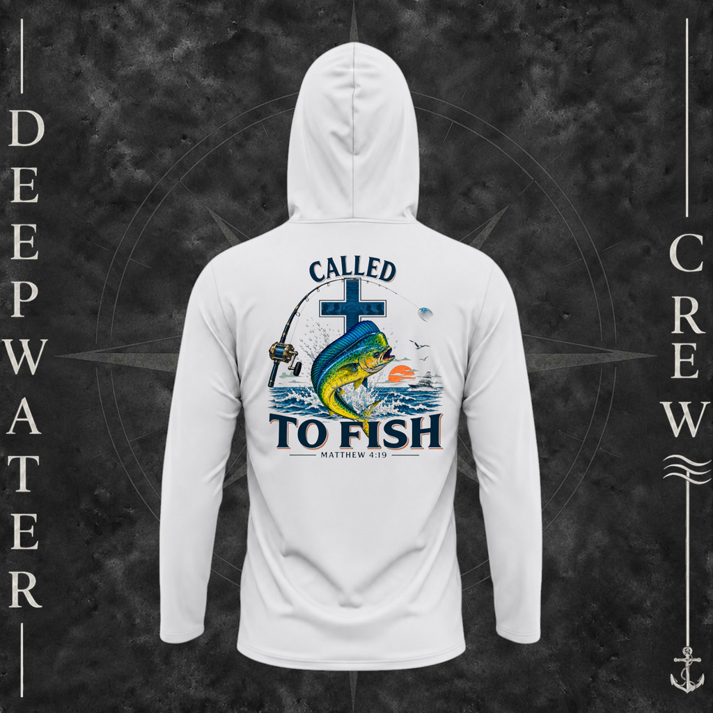 Aluminum Deepwater Crew Co. Called to Fish UPF 50+ performance hoodie, back view with cross, mahi-mahi, waves, offshore fishing elements, Matthew 4:19, and Called to Fish lettering.