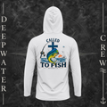 Aluminum Deepwater Crew Co. Called to Fish UPF 50+ performance hoodie, back view with cross, mahi-mahi, waves, offshore fishing elements, Matthew 4:19, and Called to Fish lettering.