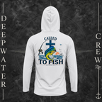 Aluminum Deepwater Crew Co. Called to Fish UPF 50+ performance hoodie, back view with cross, mahi-mahi, waves, offshore fishing elements, Matthew 4:19, and Called to Fish lettering.