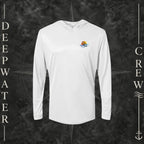 Aluminum Deepwater Crew Co. Called to Fish UPF 50+ performance hoodie, front view with small sunset-and-wave crest with DC logo.