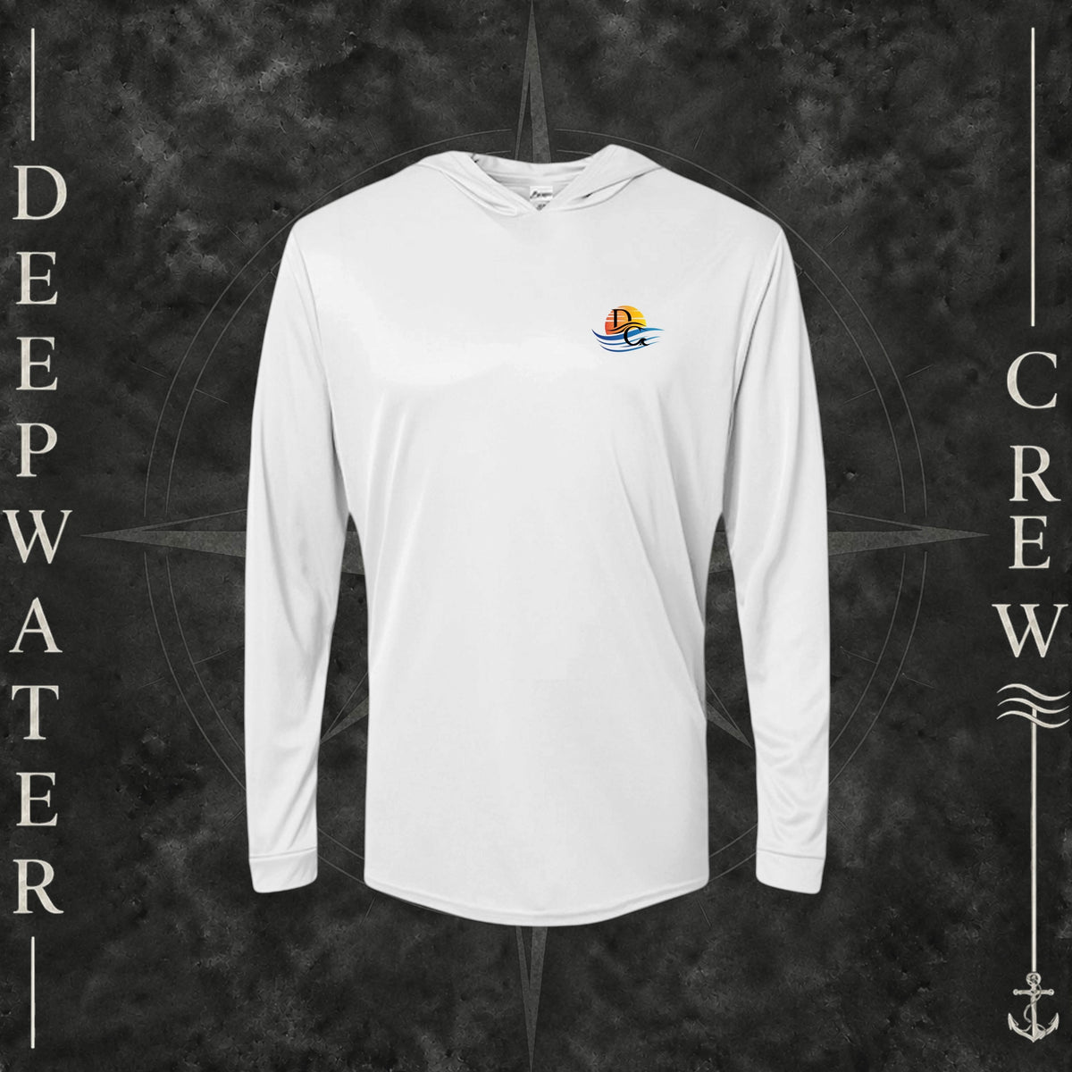 Aluminum Deepwater Crew Co. Called to Fish UPF 50+ performance hoodie, front view with small sunset-and-wave crest with DC logo.