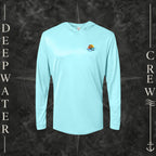 Aqua Blue Deepwater Crew Co. Called to Fish UPF 50+ performance hoodie, front view with small sunset-and-wave crest with DC logo.