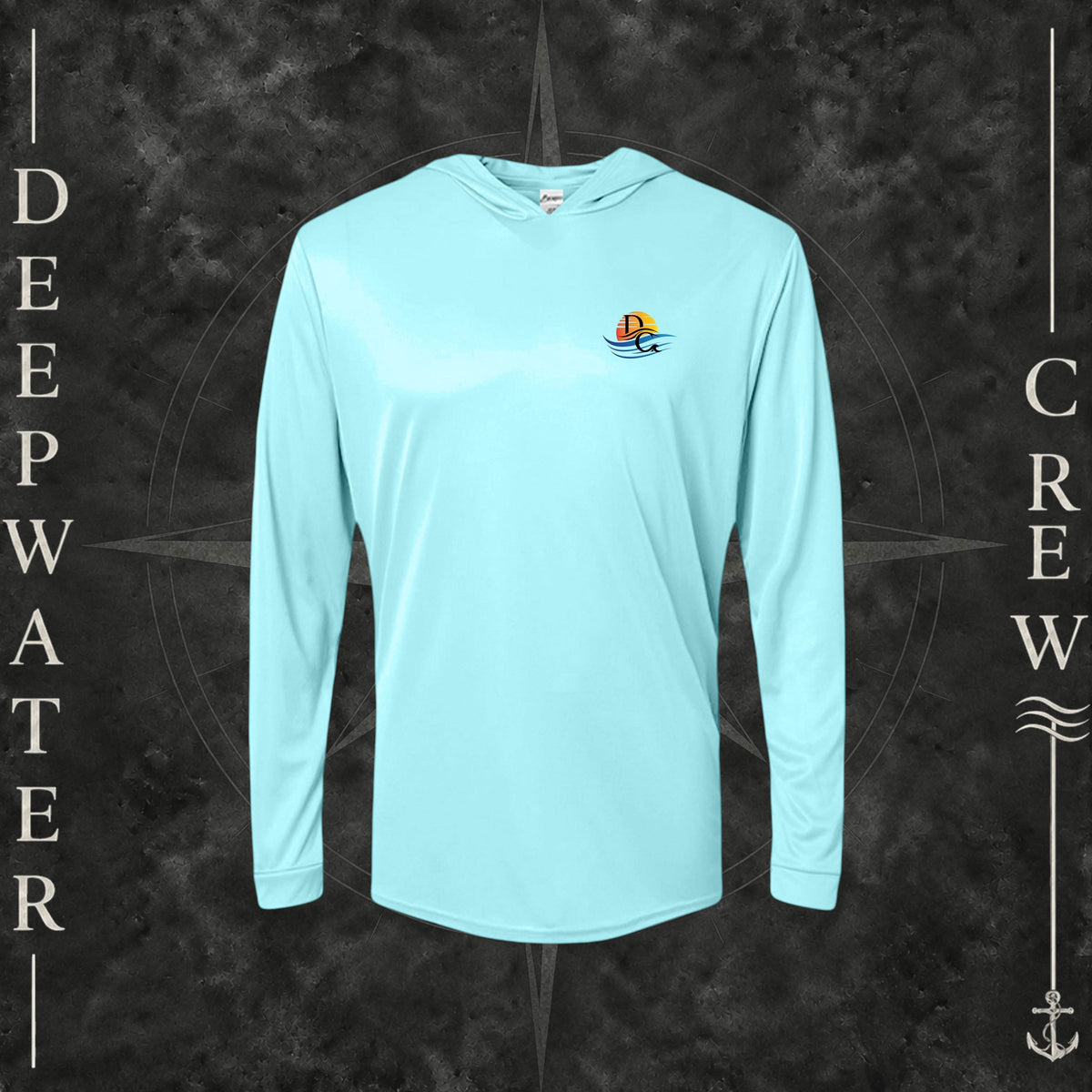 Aqua Blue Deepwater Crew Co. Called to Fish UPF 50+ performance hoodie, front view with small sunset-and-wave crest with DC logo.