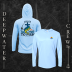 Blue Mist Deepwater Crew Co. Called to Fish UPF 50+ performance hoodie showing front and back views with small sunset-and-wave crest with DC logo and Matthew 4:19 mahi-and-cross back graphic.