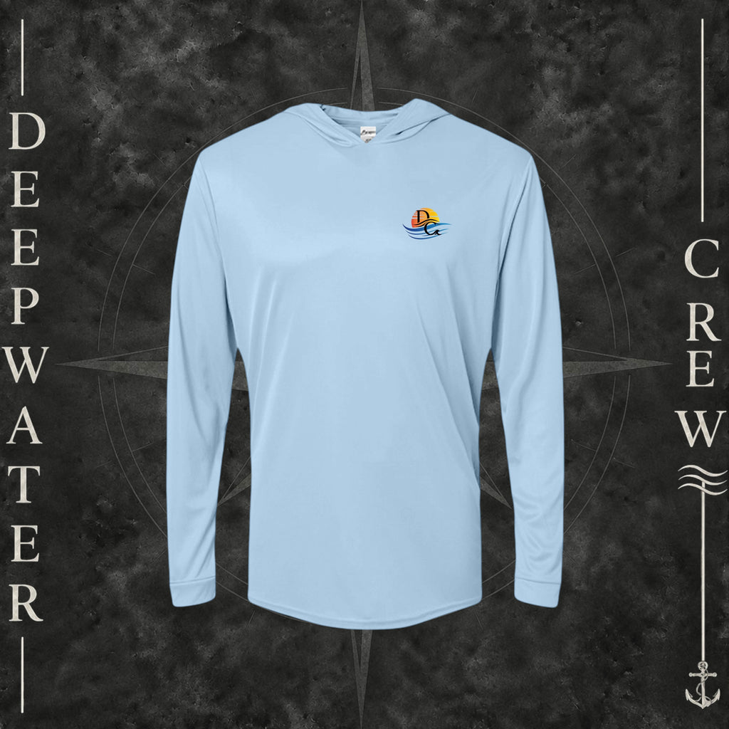 Blue Mist Deepwater Crew Co. Called to Fish UPF 50+ performance hoodie, front view with small sunset-and-wave crest with DC logo.