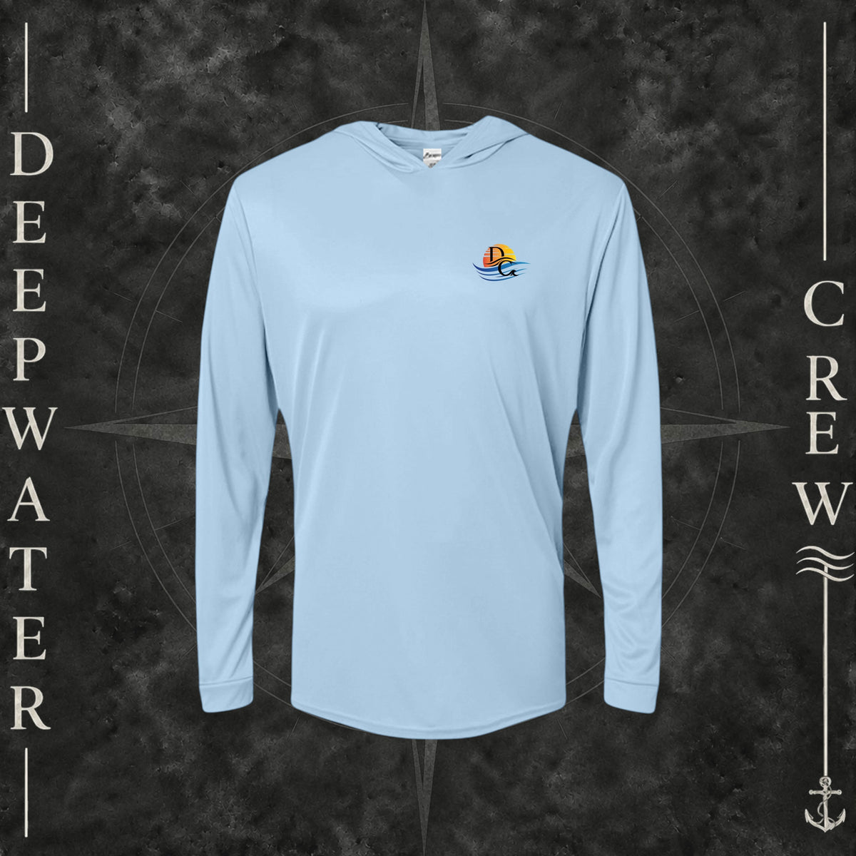 Blue Mist Deepwater Crew Co. Called to Fish UPF 50+ performance hoodie, front view with small sunset-and-wave crest with DC logo.