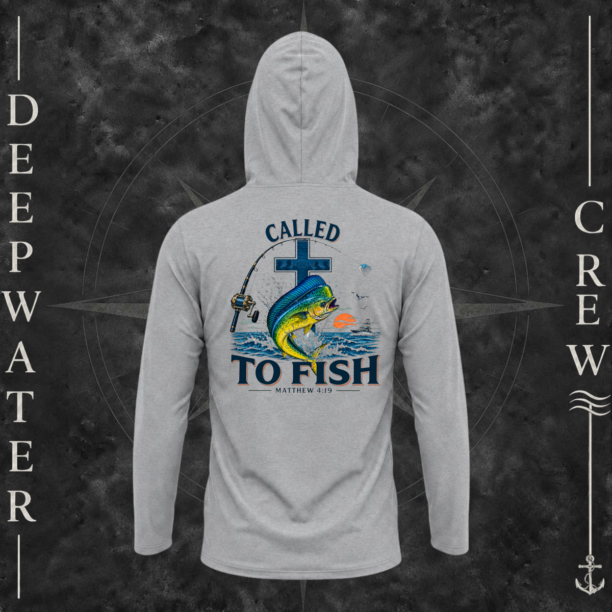 Medium Grey Deepwater Crew Co. Called to Fish UPF 50+ performance hoodie, back view with cross, mahi-mahi, waves, offshore fishing elements, Matthew 4:19, and Called to Fish lettering.