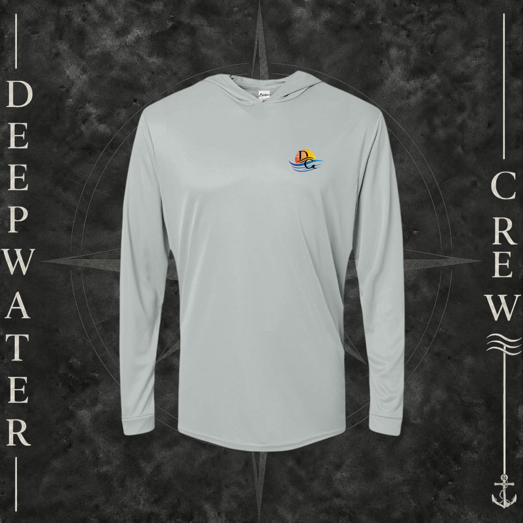 Medium Grey Deepwater Crew Co. Called to Fish UPF 50+ performance hoodie, front view with small sunset-and-wave crest with DC logo.
