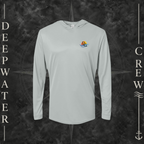 Medium Grey Deepwater Crew Co. Called to Fish UPF 50+ performance hoodie, front view with small sunset-and-wave crest with DC logo.