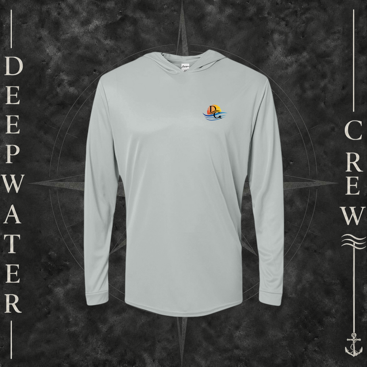 Medium Grey Deepwater Crew Co. Called to Fish UPF 50+ performance hoodie, front view with small sunset-and-wave crest with DC logo.