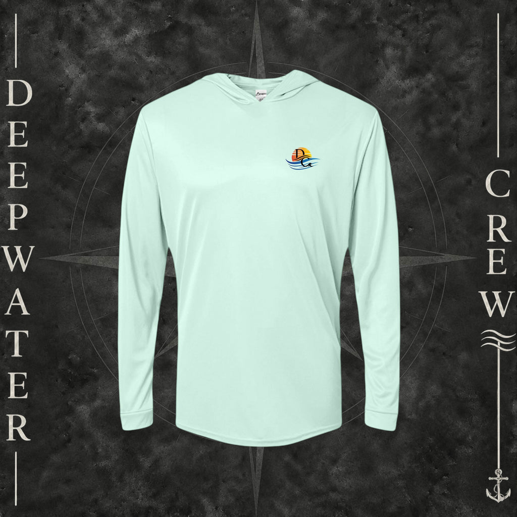 Mint Green Deepwater Crew Co. Called to Fish UPF 50+ performance hoodie, front view with small sunset-and-wave crest with DC logo.