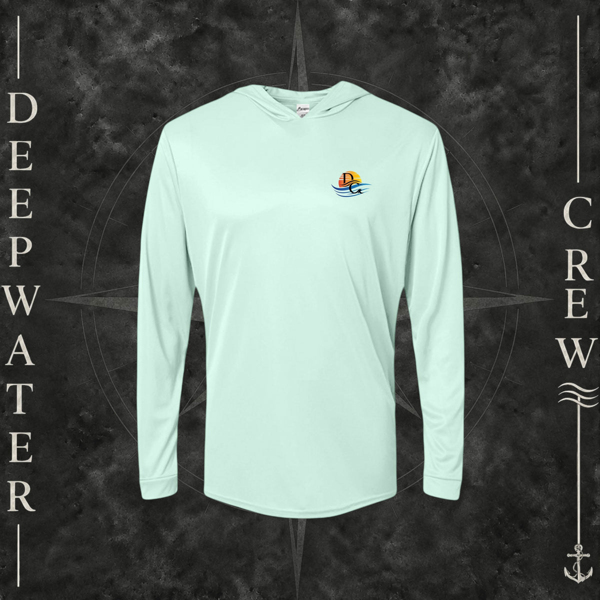 Mint Green Deepwater Crew Co. Called to Fish UPF 50+ performance hoodie, front view with small sunset-and-wave crest with DC logo.