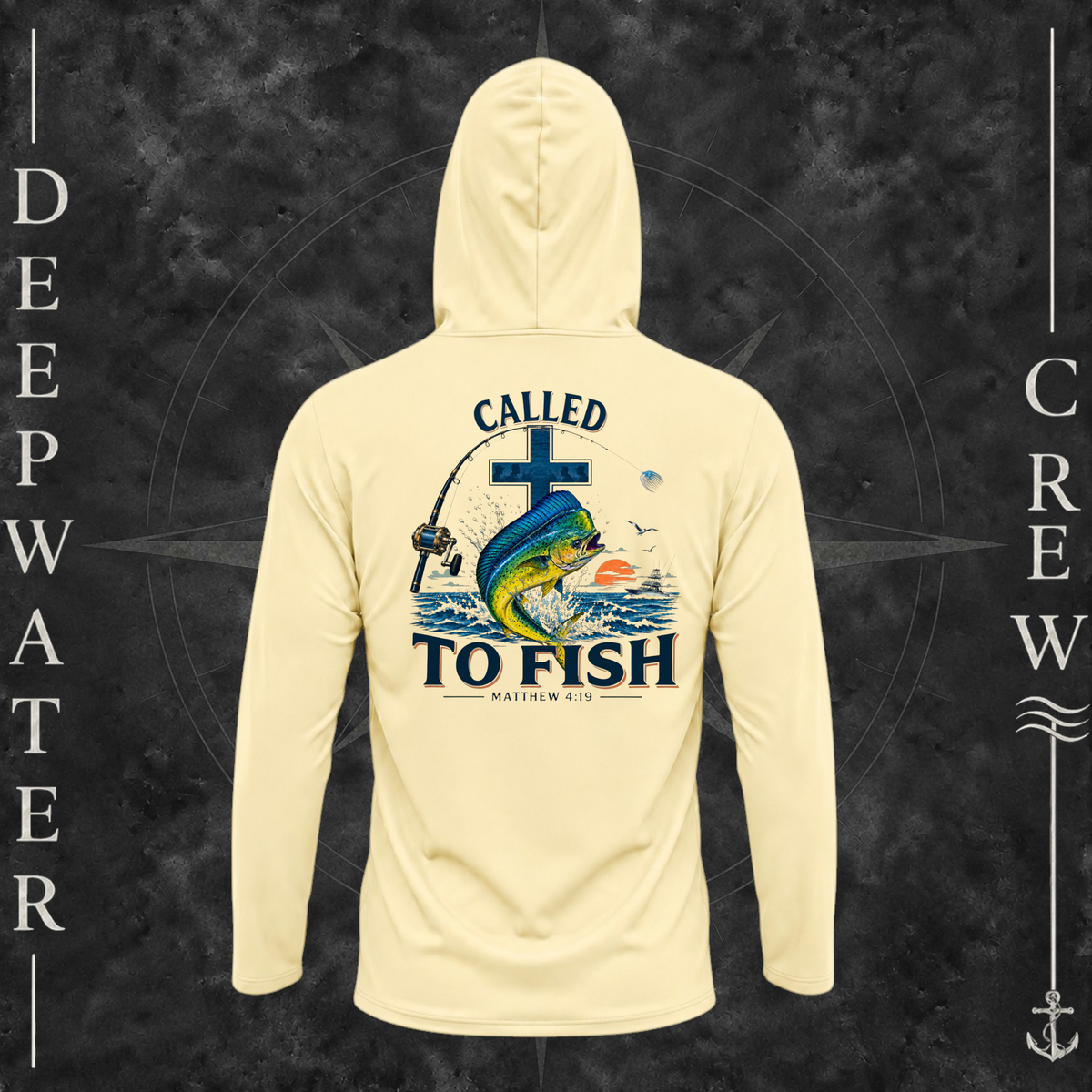 Pale Yellow Deepwater Crew Co. Called to Fish UPF 50+ performance hoodie, back view with cross, mahi-mahi, waves, offshore fishing elements, Matthew 4:19, and Called to Fish lettering.