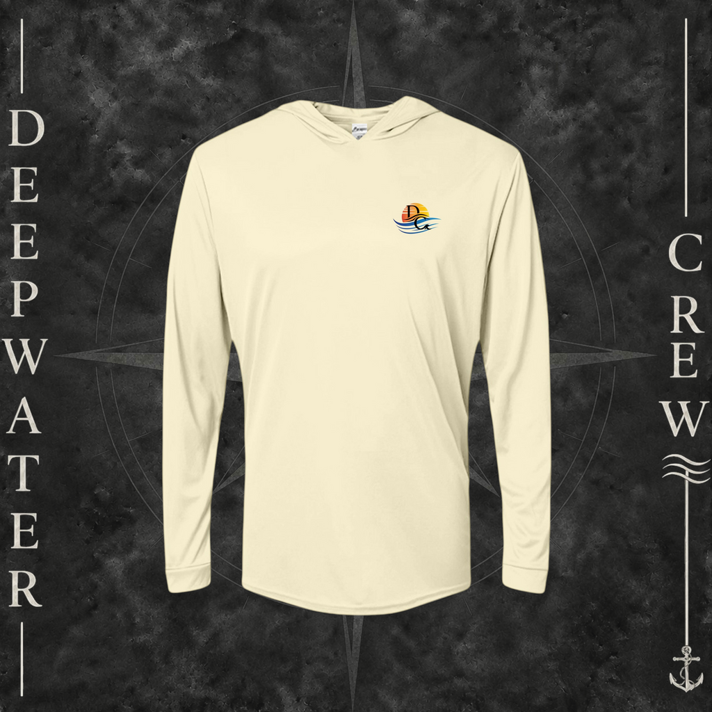 Pale Yellow Deepwater Crew Co. Called to Fish UPF 50+ performance hoodie, front view with small sunset-and-wave crest with DC logo.