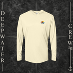 Pale Yellow Deepwater Crew Co. Called to Fish UPF 50+ performance hoodie, front view with small sunset-and-wave crest with DC logo.