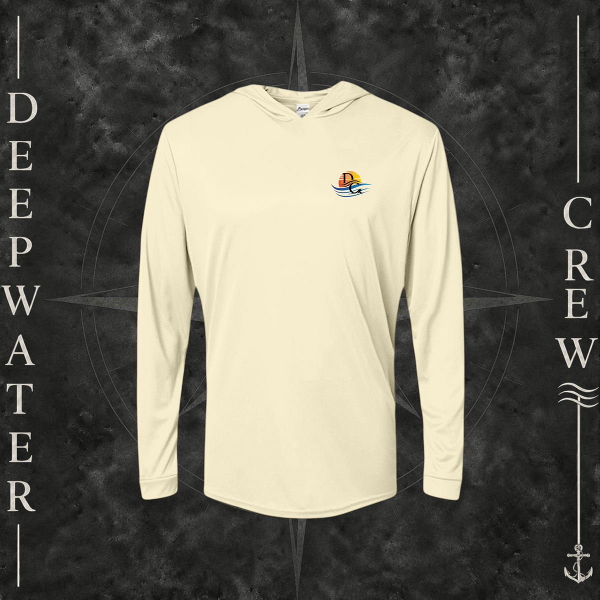 Pale Yellow Deepwater Crew Co. Called to Fish UPF 50+ performance hoodie, front view with small sunset-and-wave crest with DC logo.