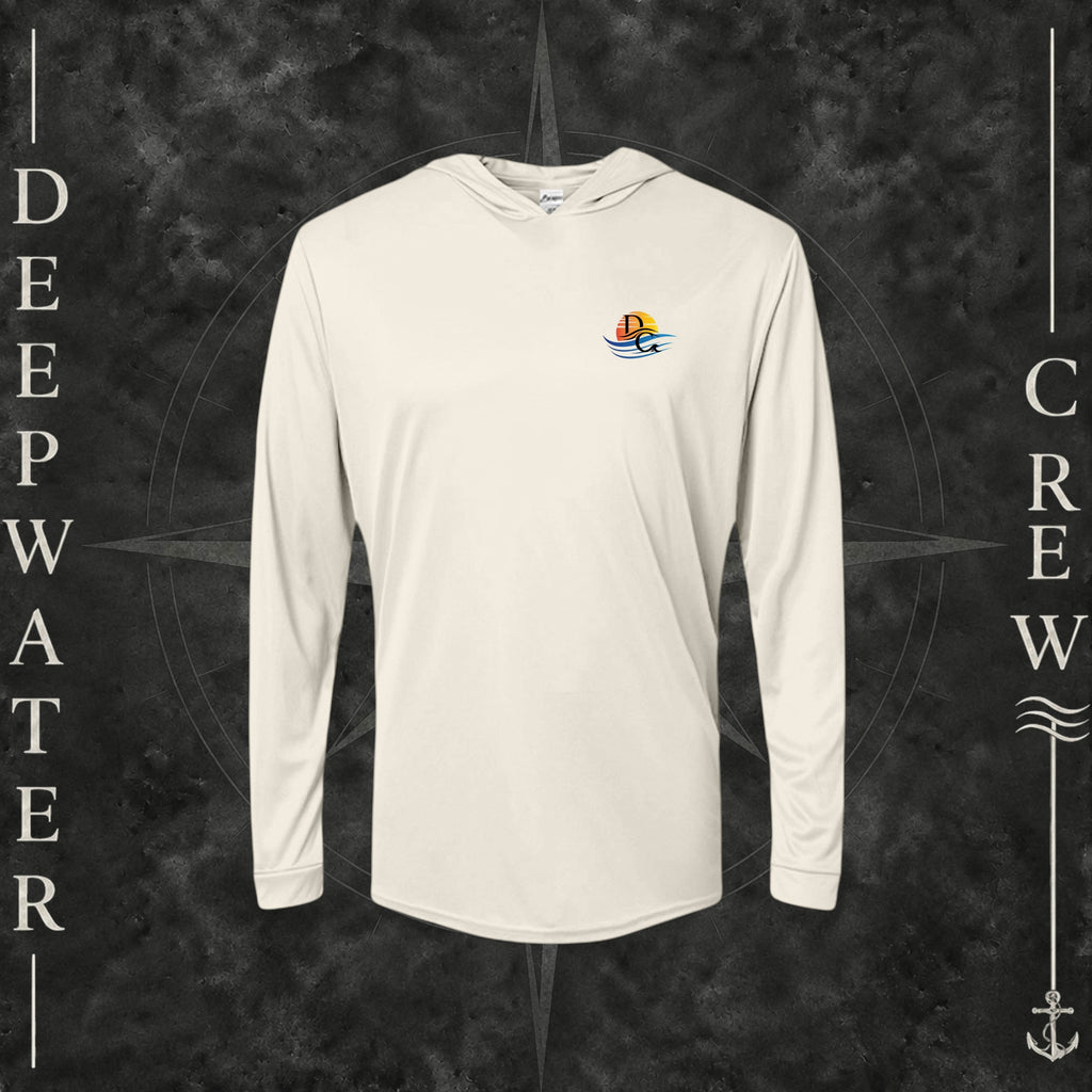 Sand Deepwater Crew Co. Called to Fish UPF 50+ performance hoodie, front view with small sunset-and-wave crest with DC logo.