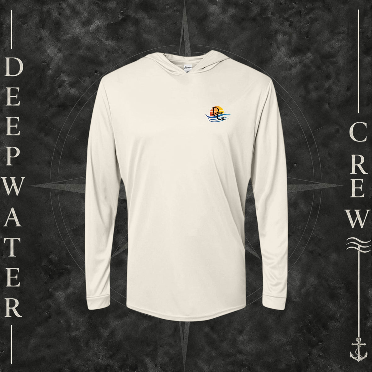 Sand Deepwater Crew Co. Called to Fish UPF 50+ performance hoodie, front view with small sunset-and-wave crest with DC logo.