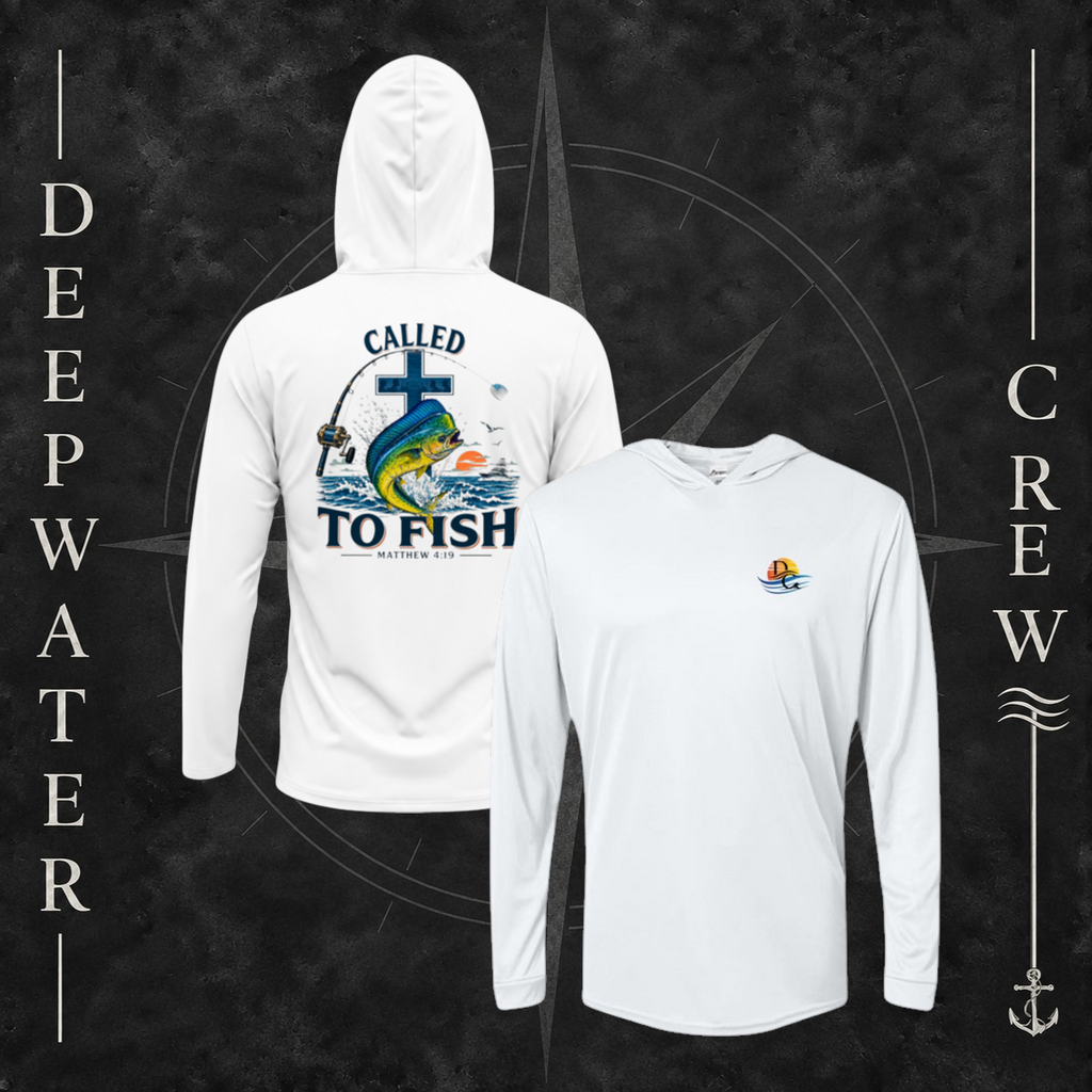 White Deepwater Crew Co. Called to Fish UPF 50+ performance hoodie showing front and back views with small sunset-and-wave crest with DC logo and Matthew 4:19 mahi-and-cross back graphic.