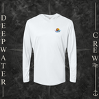 White Deepwater Crew Co. Called to Fish UPF 50+ performance hoodie, front view with small sunset-and-wave crest with DC logo.