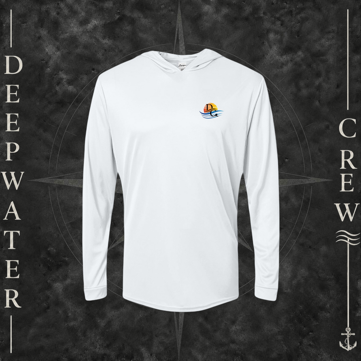 White Deepwater Crew Co. Called to Fish UPF 50+ performance hoodie, front view with small sunset-and-wave crest with DC logo.