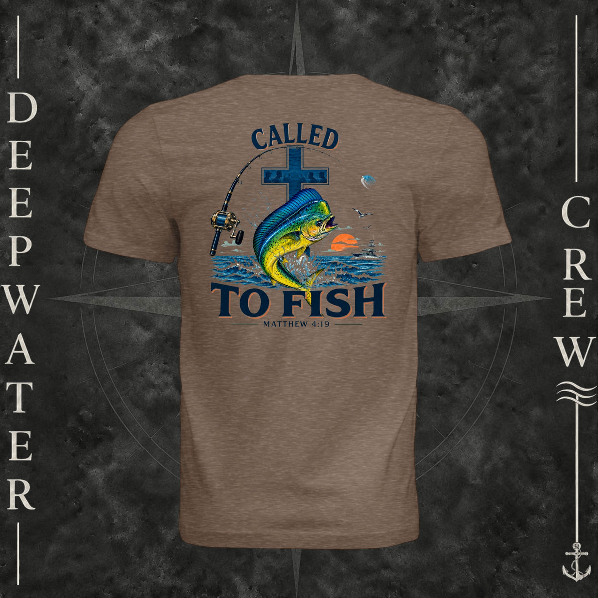 Vintage Brown Deepwater Crew Co. Called to Fish crewneck T-shirt, back view with cross, mahi-mahi, waves, offshore fishing elements, Matthew 4:19, and Called to Fish lettering.