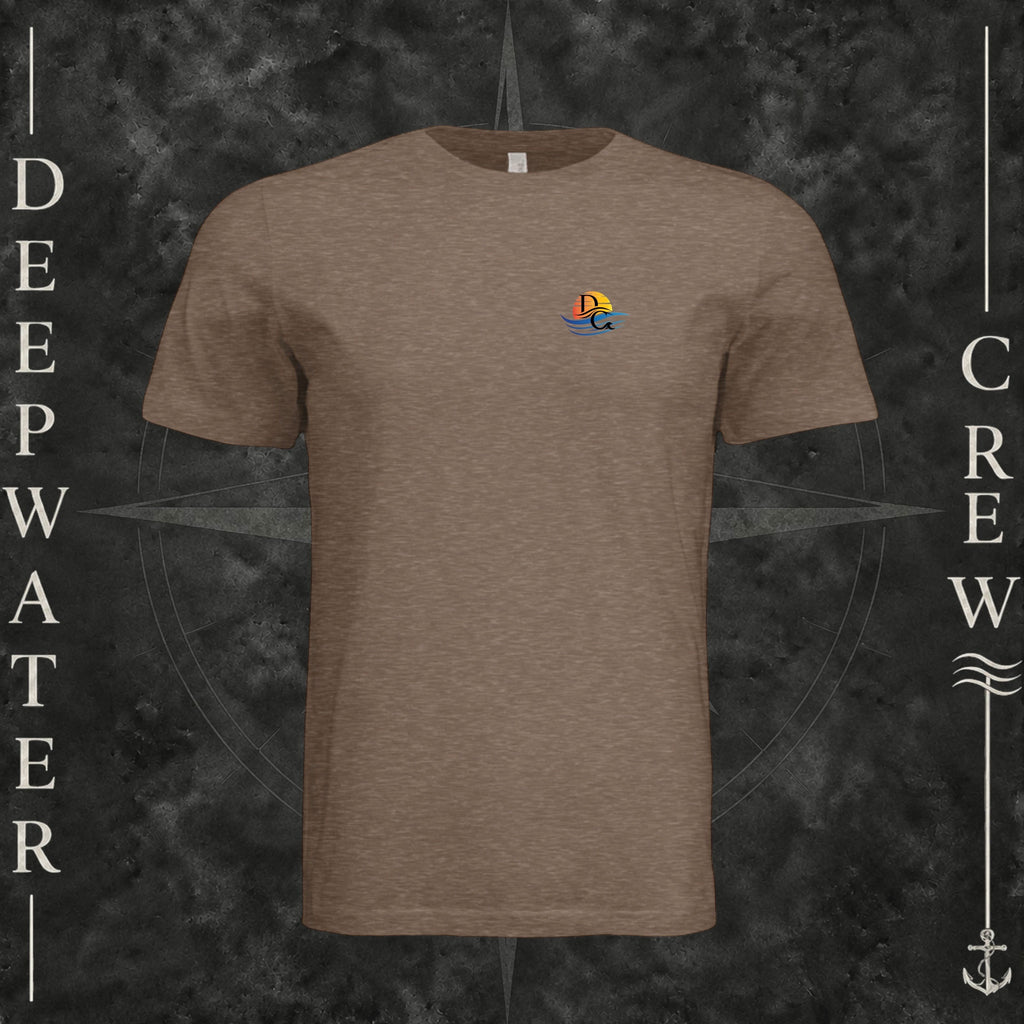 Vintage Brown Deepwater Crew Co. Called to Fish crewneck T-shirt, front view with small sunset-and-wave crest with DC logo.