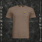 Vintage Brown Deepwater Crew Co. Called to Fish crewneck T-shirt, front view with small sunset-and-wave crest with DC logo.