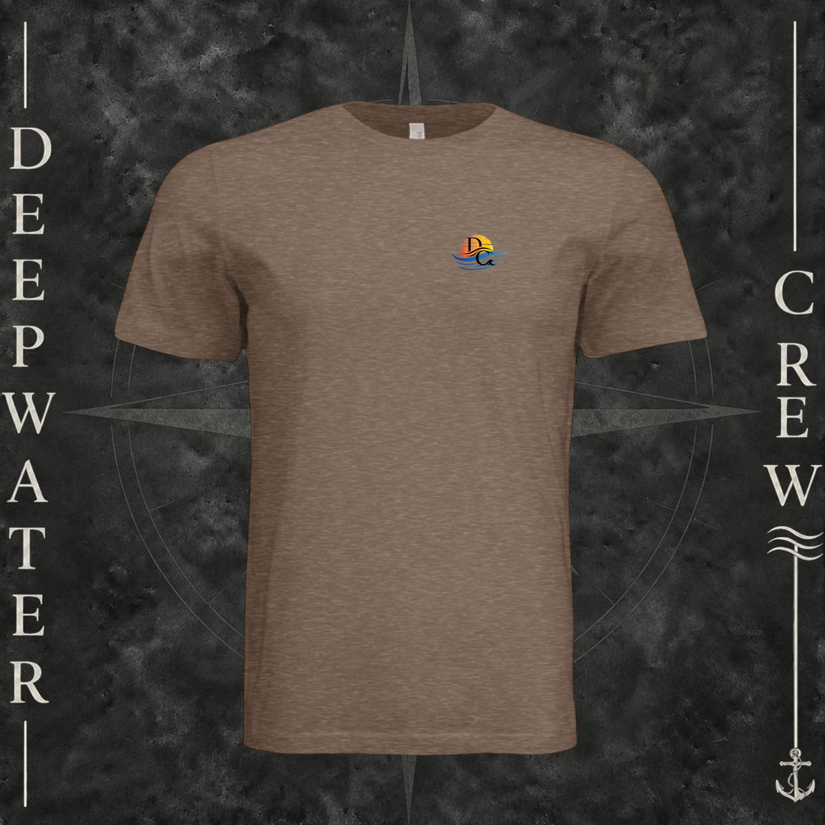 Vintage Brown Deepwater Crew Co. Called to Fish crewneck T-shirt, front view with small sunset-and-wave crest with DC logo.