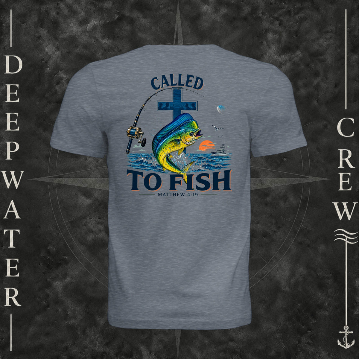Vintage Denim Deepwater Crew Co. Called to Fish crewneck T-shirt, back view with cross, mahi-mahi, waves, offshore fishing elements, Matthew 4:19, and Called to Fish lettering.